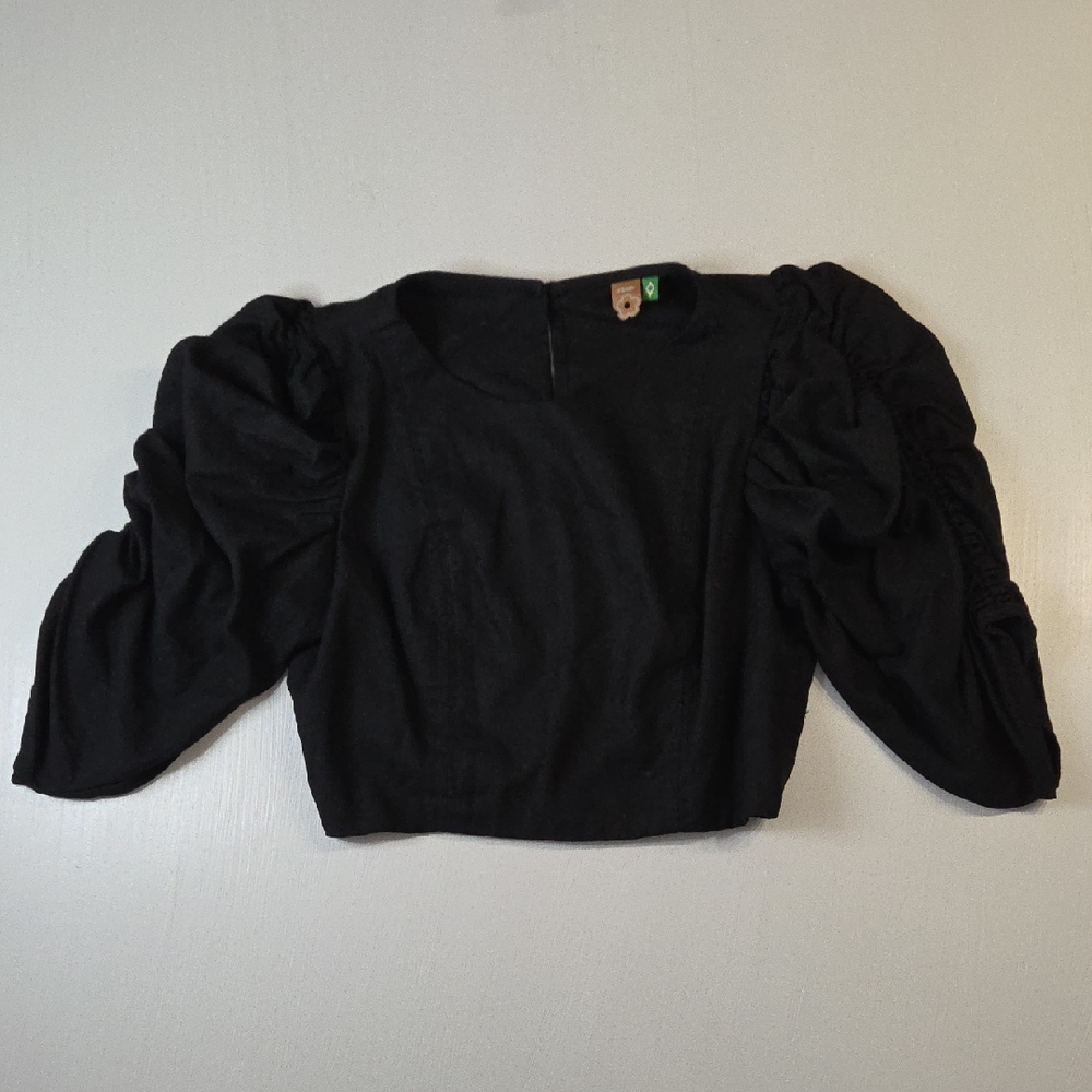 FARM Rio Linen Blend Puff Sleeve Cropped Top